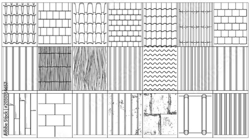 Architectural roof texture patterns, 21 vector line swatches for building materials, construction shingle and tile hatch set, technical drawing elements