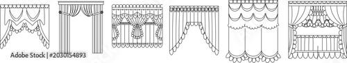 Photos Collection of ornate curtain and drapery design symbols featuring layered swags, jabots, scalloped valances, and decorative scroll elements