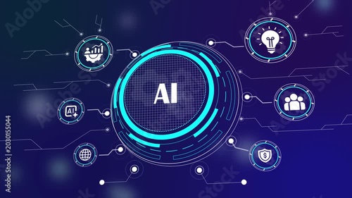 Artificial Intelligence and Machine Learning Concept Background with Futuristic HUD Interface. A glowing central AI logo is surrounded by interconnected icons representing innovation