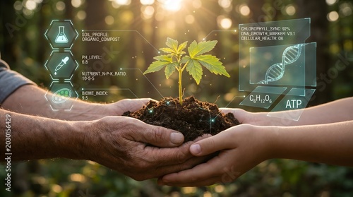 Two generations holding a plant with digital agricultural data overlay
