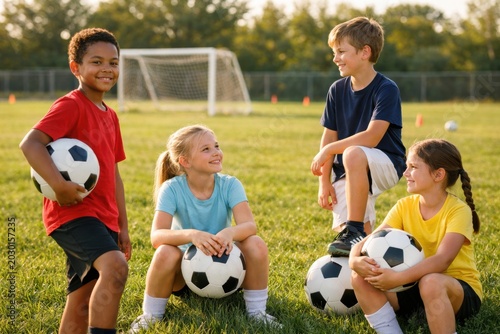 Children Playing Soccer On Green Football Field During Summer Training Session And Team Practice Outdoors. Football World Cup concept. Soccer concept. Childhood Football concept with copy space.