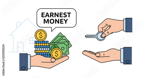 Hand holding cash for earnest money deposit and another hand giving a house key. Real estate transaction concept vector illustration.