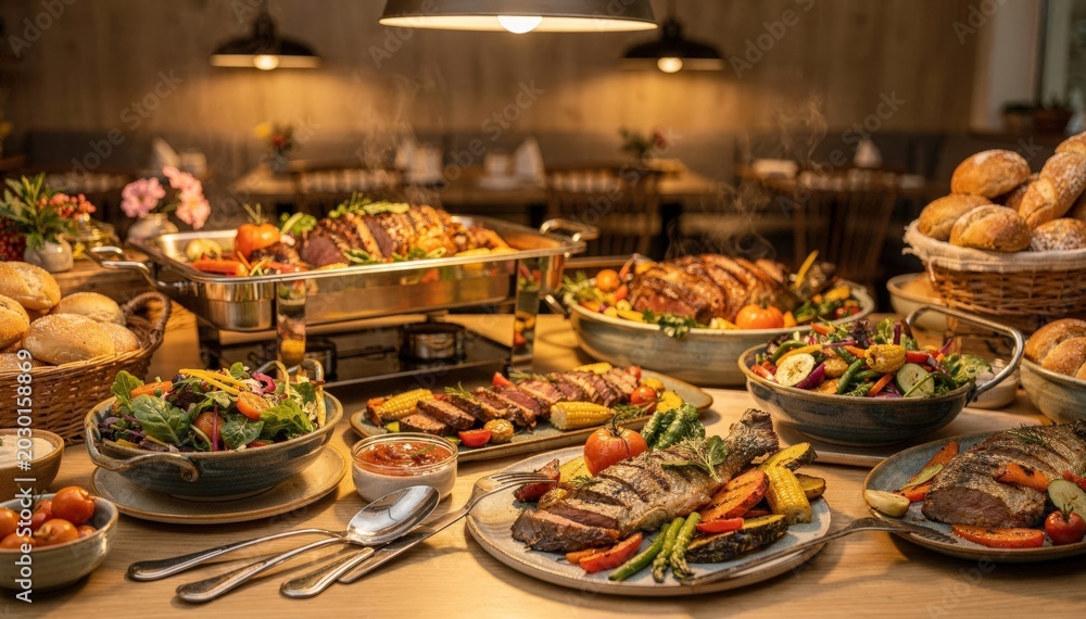 Obraz premium Medium shot of buffet table illuminated by warm overhead lights creating a cozy and inviting atmosphere that enhances the rich colors of the assorted dishes.