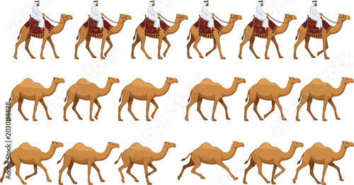 Fotografie Flat Style Camel Walk and Run Animation Sequence Set Featuring Arab Rider, Walki