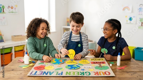 Happy diverse school kids creating environmental conservation poster at desk in craft workshop