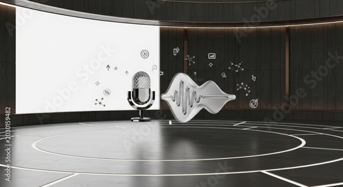 Conceptual Visualization of Global Corporate Podcast Governance and Leadership Storytelling, featuring Floating Glass Microphone and Silver Waveform Sculptures in a Futuristic Luxury Architectural 