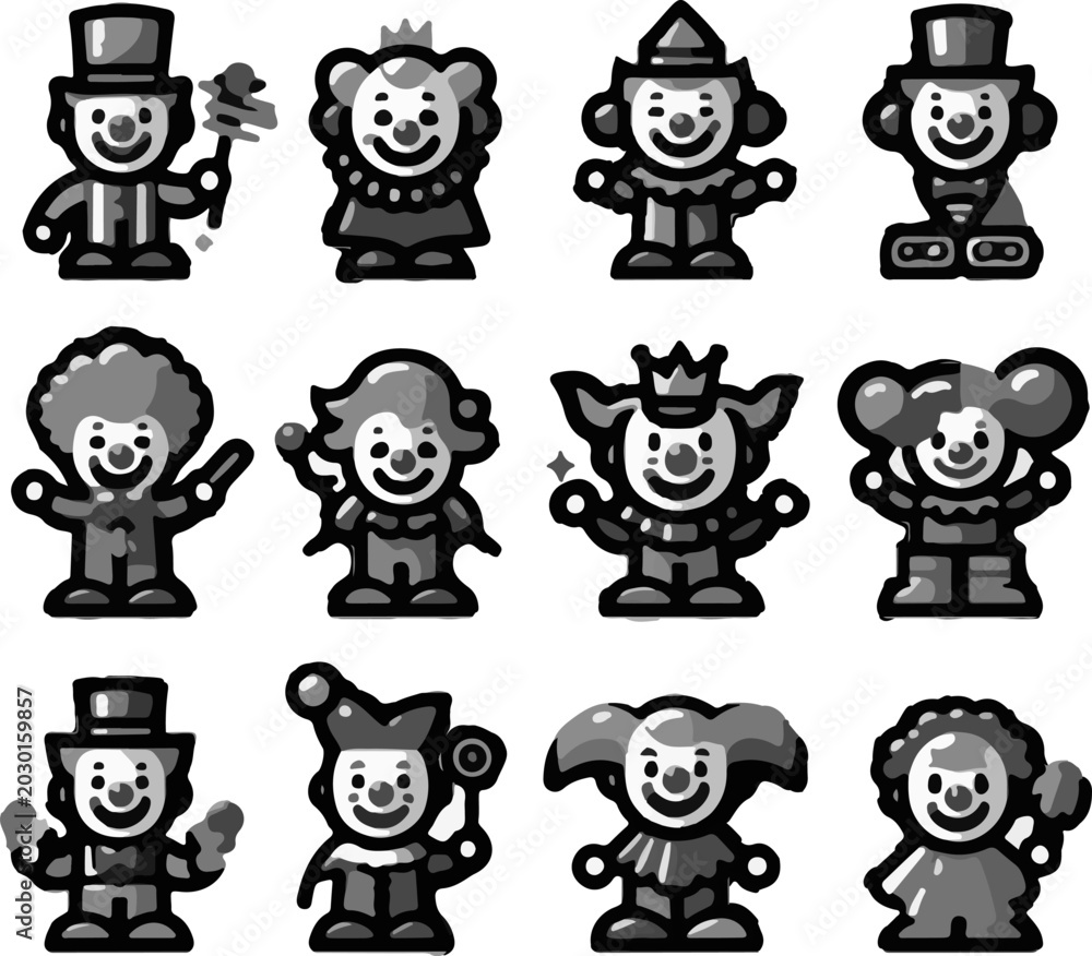 Obraz premium Detailed Collection of Funny Clown Face Illustrations featuring Happy Smile Designs and Cute Red Nose Icons for Kids Birthday Party Logo and Brand Identity