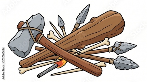 Ancient stone axe and wooden club with primitive spears