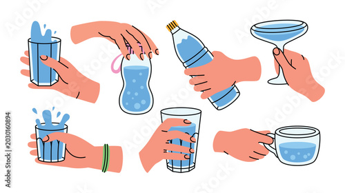 Colorful illustrations of different positions of human hands holding glass containers with lids with water in cartoon linear style. Icons of a bottle, a glass, a cup, a jar, a shot glass, a container.