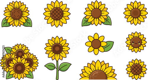 Cute Cartoon Sunflower Set Featuring Single, Grouped, Kawaii Face, and Stem Variations in Different Sizes for Nature and Floral Illustrations