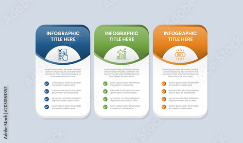 Process table box base shape infographic with glossy gradient style with round header badge with half circle badge and checklist icon stacked with three segment information