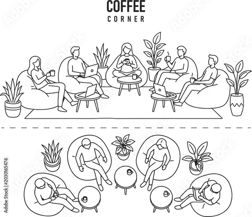 Coffee corner line art illustration with top and front views of people sitting on bean bags with laptops and drinks in a cozy cafe.