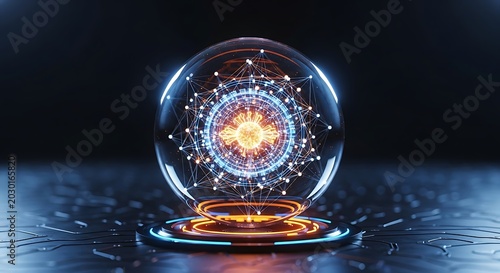 Futuristic crystal sphere showcasing an intricate glowing digital network with abstract data connections, representing advanced technology and artificial intelligence on a circuit board platform.