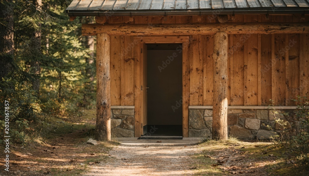 Fototapeta premium Medium shot of a rustic campground bathhouse entrance with wooden beams sharply in focus blurred surrounding forest highlighting natural aesthetics.
