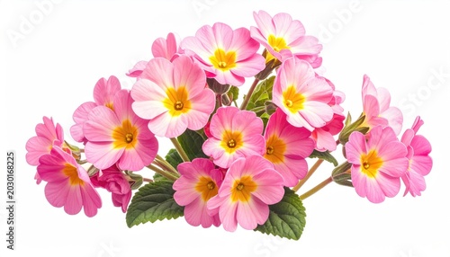 Delicate pink blossoms with vibrant yellow centers on a white background