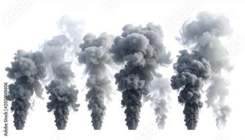 Dense plumes of dark and light smoke billow upwards against a white background