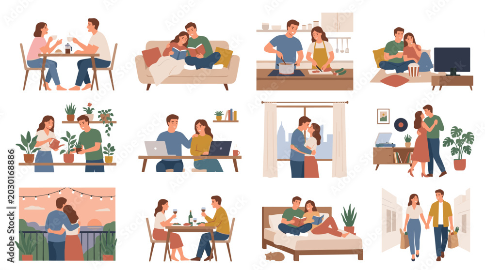 Fototapeta premium Happy Couple Lifestyle Illustration Set, Modern Relationship and Home Activities Collection