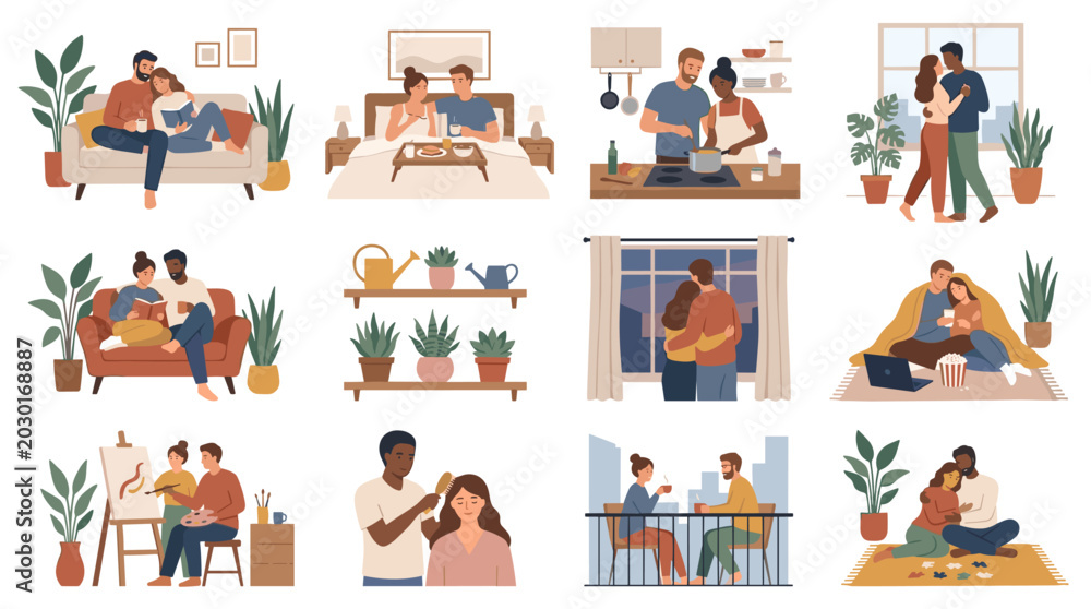 Fototapeta premium Happy Couples and Family Lifestyle Illustration Set, Modern Home Relationships and Daily Life Collection