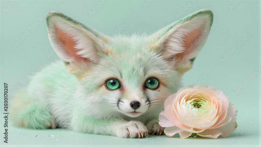 Fototapeta premium Cute mint fox with green eyes beside a soft pink flower.