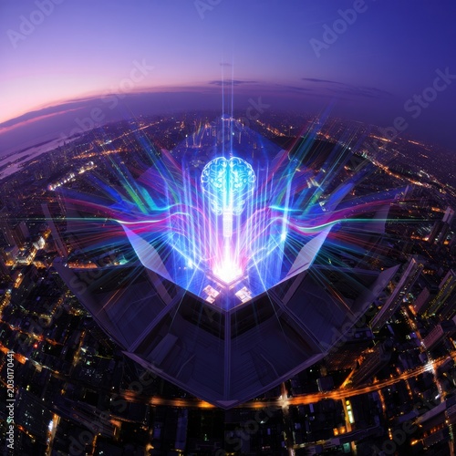 AI Brain Data Flow Over Smart City at Dusk