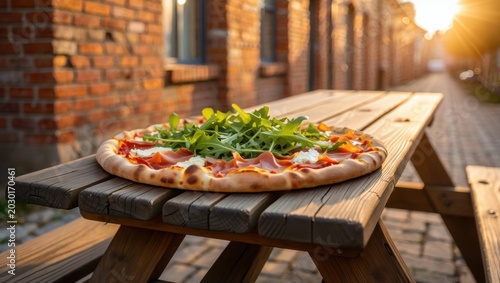 Delicious Pizza on Wooden Table Outdoors