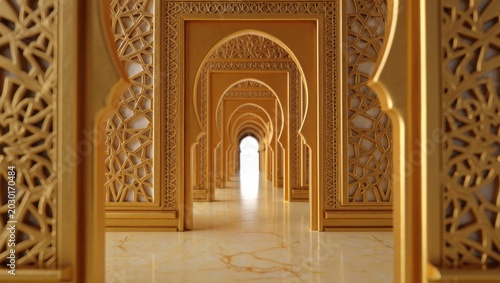 Golden Islamic Archway Corridor with Ornate Patterns