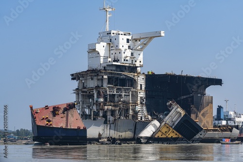 Huge container ship ready to getting break up, Chittagong Ship Breaking Yard, Chittagong, Bangladesh