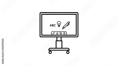 A line art icon of a mobile interactive whiteboard with a screen displaying text, a lightbulb, and a pen.