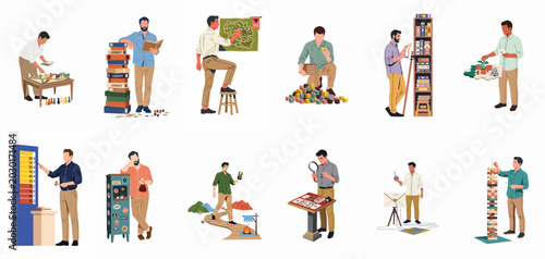 Canvas Print Set of illustrations depicting men engaged in various board games, tabletop hobbies, and tactical gaming activities on a white background
