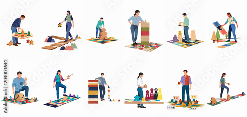 Bild auf Leinwand Vector illustration set of diverse people playing with oversized board game components like meeples and dice in various scenes