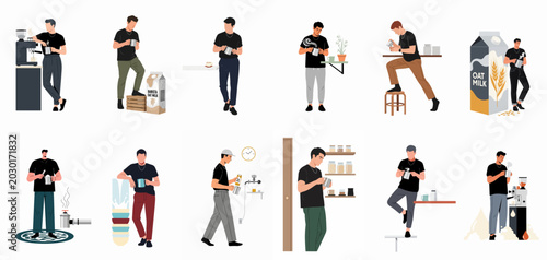 Schilderij op canvas Collection of flat vector illustrations featuring a stylish male barista preparing specialty coffee drinks using plant-based oat milk in various poses