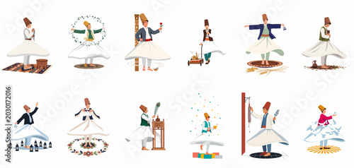 Bild auf Leinwand Collection of Whirling Dervish illustrations in various poses and symbolic scenes, representing Sufi mystical dance and spiritual tradition in a flat style