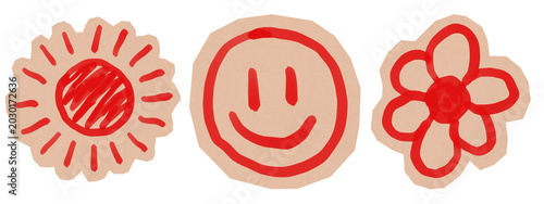 Hand-drawn red ink smiley face, sun and flower sticker set on craft paper cutouts. Cute sun doodle collection for aesthetic zine and scrapbook. Isolated PNG on transparent background (PNG format).