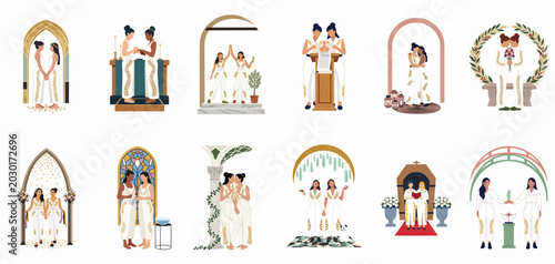 Bild auf Leinwand A diverse collection of flat illustrations depicting lesbian couples celebrating their wedding day and participating in various marriage ceremony traditions