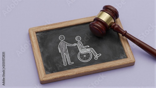 Gavel rests on chalkboard showing wheelchair user with helper