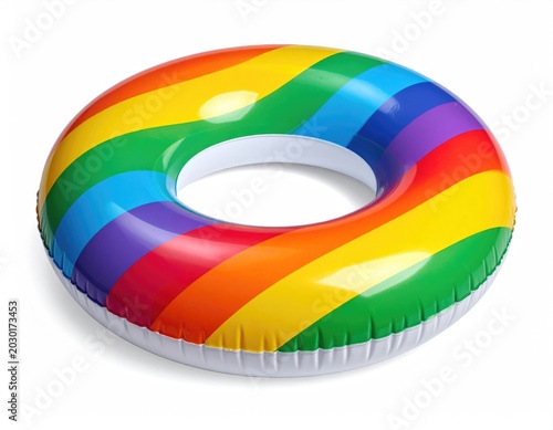 A vibrant, rainbow-striped inflatable pool float on a stark white background