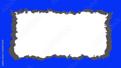 Abstract blue and gray torn paper edge frame animation with white copy space center.