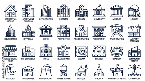 Comprehensive City Landmark and Public Infrastructure Line Icon Set with Government Buildings, Transportation Hubs and Urban Facility Symbols