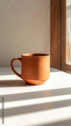 Earthenware mug casts a long shadow in bright sunlight by a window