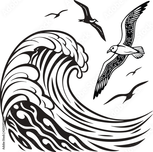Obraz na płótnie Ocean wave, seagulls flying, black and white vector, beach scene, nautical illus