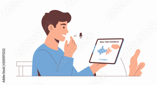 Man Using Voice Command on Tablet for Digital Assistant or AI Speech Recognition