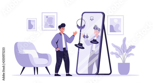 Man trying on jewelry and hat in front of a large mirror, fashion choice