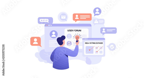 Man with Lightbulb Idea, User Forum and Online Communication Concept