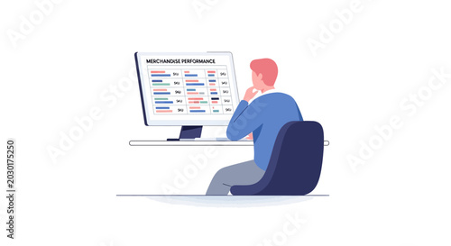 Man working on computer, analyzing data on screen, business concept illustration