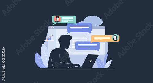 Man working on laptop with chat bubbles, online communication concept