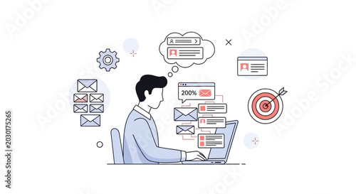 Man working on laptop with emails, target, and workflow icons
