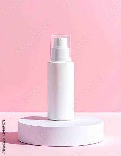 White cosmetic pump bottle with clear cap on minimalist pedestal, pink backdrop
