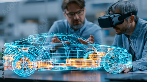 Automotive engineers using unbranded virtual reality headset to design glowing holographic electric car prototype in modern R&D laboratory

