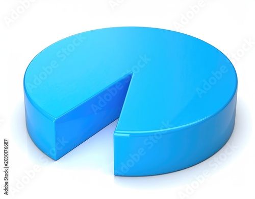 A bright blue, 3D pie chart with one slice removed, isolated on white