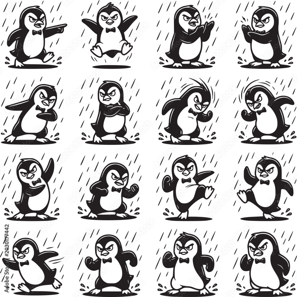 Fototapeta premium Angry penguin character set, 16 black and white cartoon bird icons in the rain, grumpy penguin mascot collection in various poses, eps vector